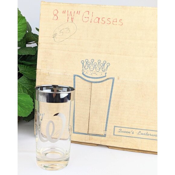 Set of 8 Mid Century Drinkware Mercury Silver Rim Glasses Queen's Lusterware "W" - Picture 10 of 10